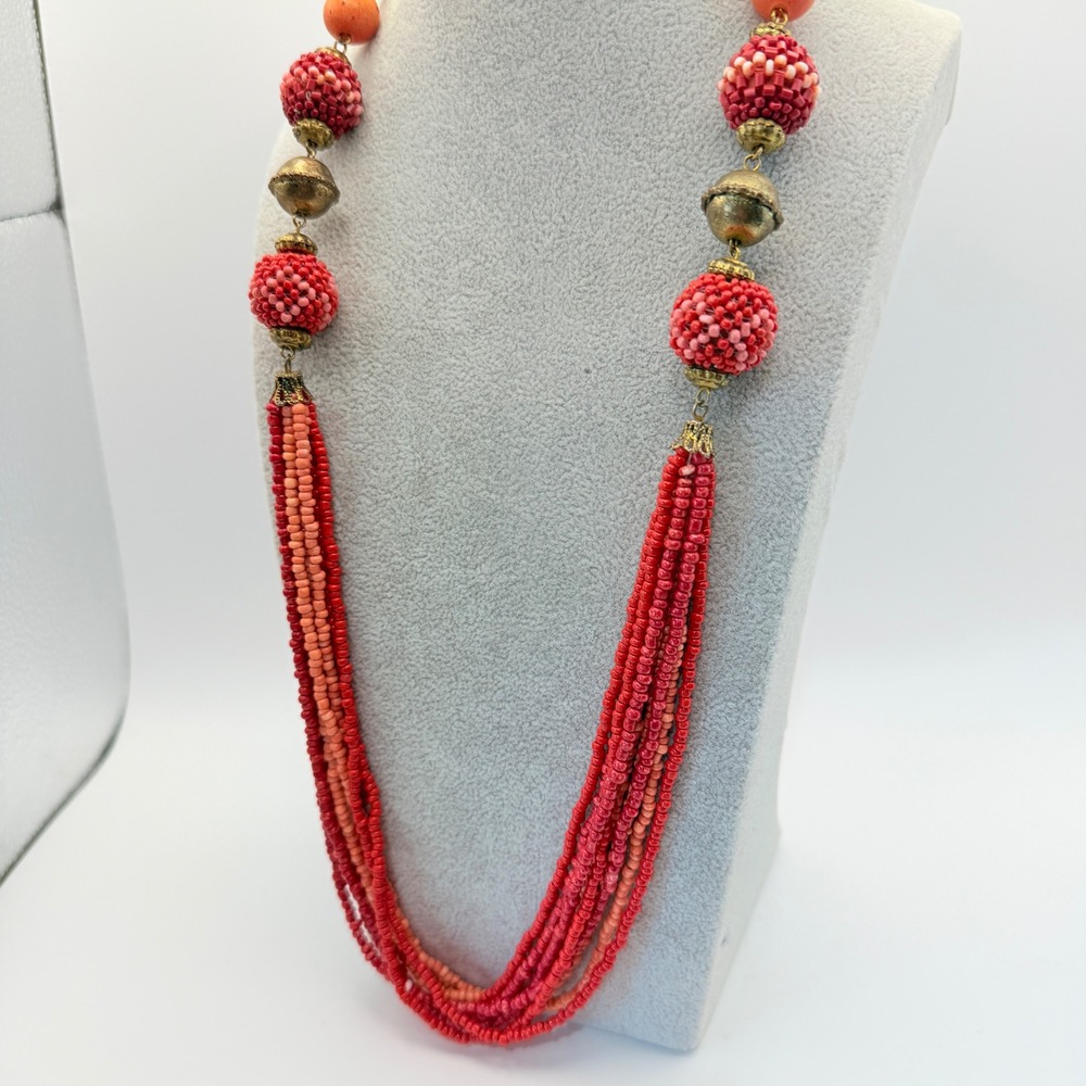 Vintage Orange Red Beaded Multi Strand Necklace Chunky Boho Statement 79g